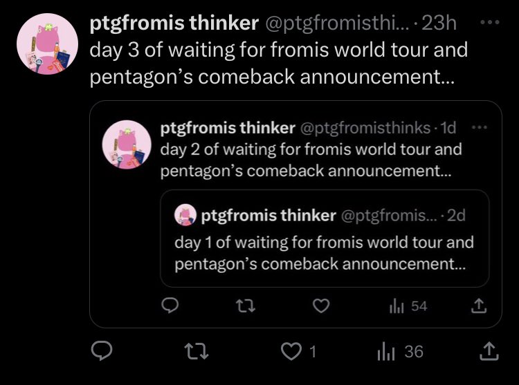 ptgfromisthinks's tweet photo. day 4 of waiting for fromis world tour and pentagon’s comeback announcement… https://t.co/YbrI8uLBzA