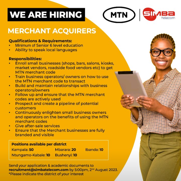 Jobalert
 Merchant Acquirers vacancies available @simbatelecom
#JobAlert #jobsearch #jobseekers #jobsinuganda