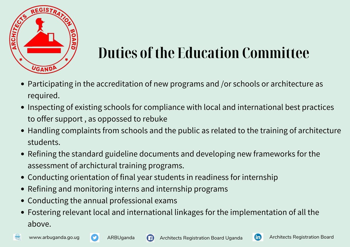 ARBUganda's tweet photo. The Education Committee is one of the 5 committees of the Board. Here are its duties as mandated by the; Architects Registration Act and the Universities and other Tertiary Institutions Act 2006.
#ARBUganda
@UgArchSociety @ministry_lands @Educ_SportsUg https://t.co/5j9e8WSdW7
