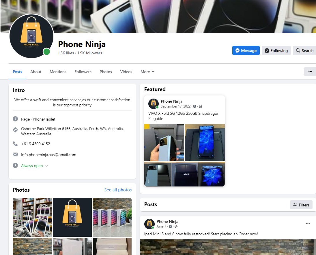 PhoneNinjaPerth's tweet photo. We have had reports of a scammer selling phones under our trademarked name with our shop locations "Osborne Park Willetton" in their address bar. Please note this is a scam, try calling their phone number which doesnt work. We currently don't sell phones. https://t.co/rHACOau5TJ