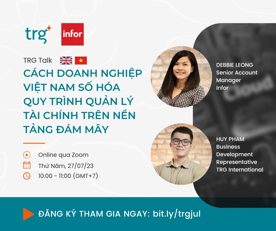 TRG_INTL's tweet photo. ⏰ĐẾM NGƯỢC 1 NGÀY ⏰

Tham gia TRG Talk và lắng nghe các phương pháp và ứng dụng của nền tảng đám mây trong chuyển đổi số, cùng với thách thức và cơ hội: https://t.co/rrAi08dmft

#TRGInternational #BAUU #TRGTalk #infor #inforsaas #sunsystems #sunsystemscloud https://t.co/JMpIVhQg9G