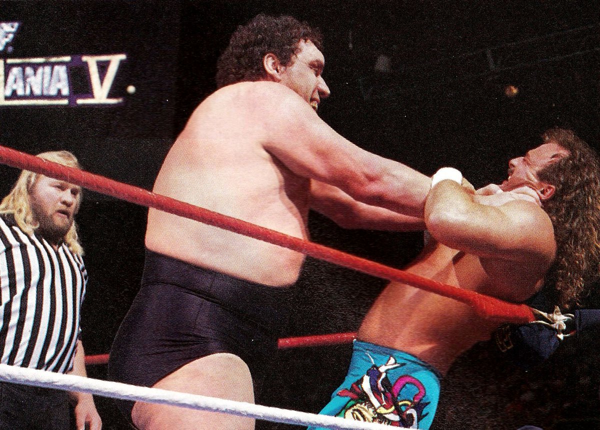 WWFWrestling1's tweet photo. WrestleMania Wednesday! Jake "The Snake" Roberts tangles with Andre the Giant with Big John Studd as guest referee at WrestleMania V. #WWF #WWE #WrestleMania #JohnStudd #AndretheGiant #JakeRoberts https://t.co/1DWi72tocX