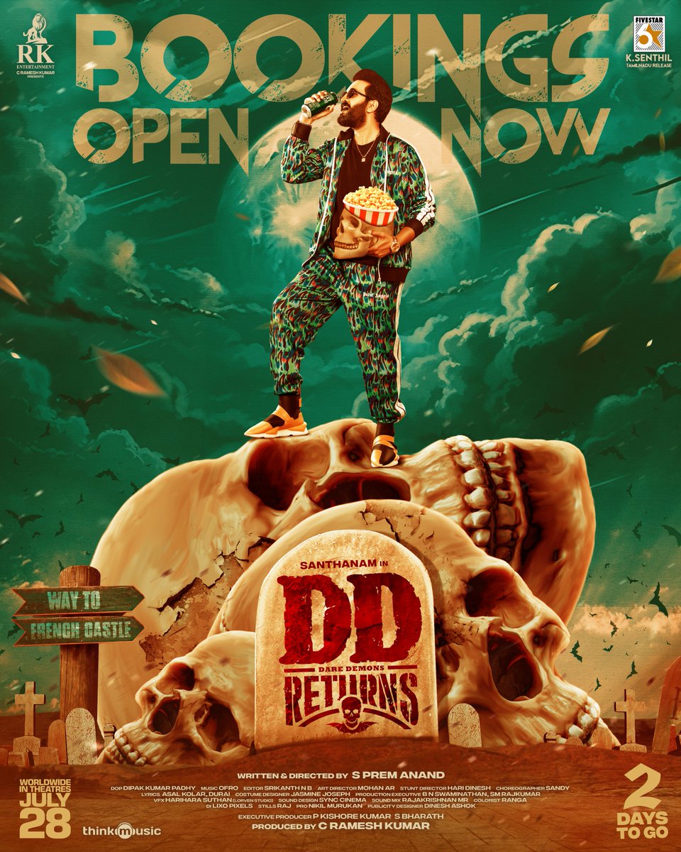 Bookings Open Now #DDReturns - 2 Days to go #DDReturnsFromJuly28th @iamsanthanam @RKEntrtainment @Surbhiactress @iampremanand @masoom_shankar @ofrooooo @dopdeepakpadhy @dineshashok_13 @thinkmusicindia @onlynikil