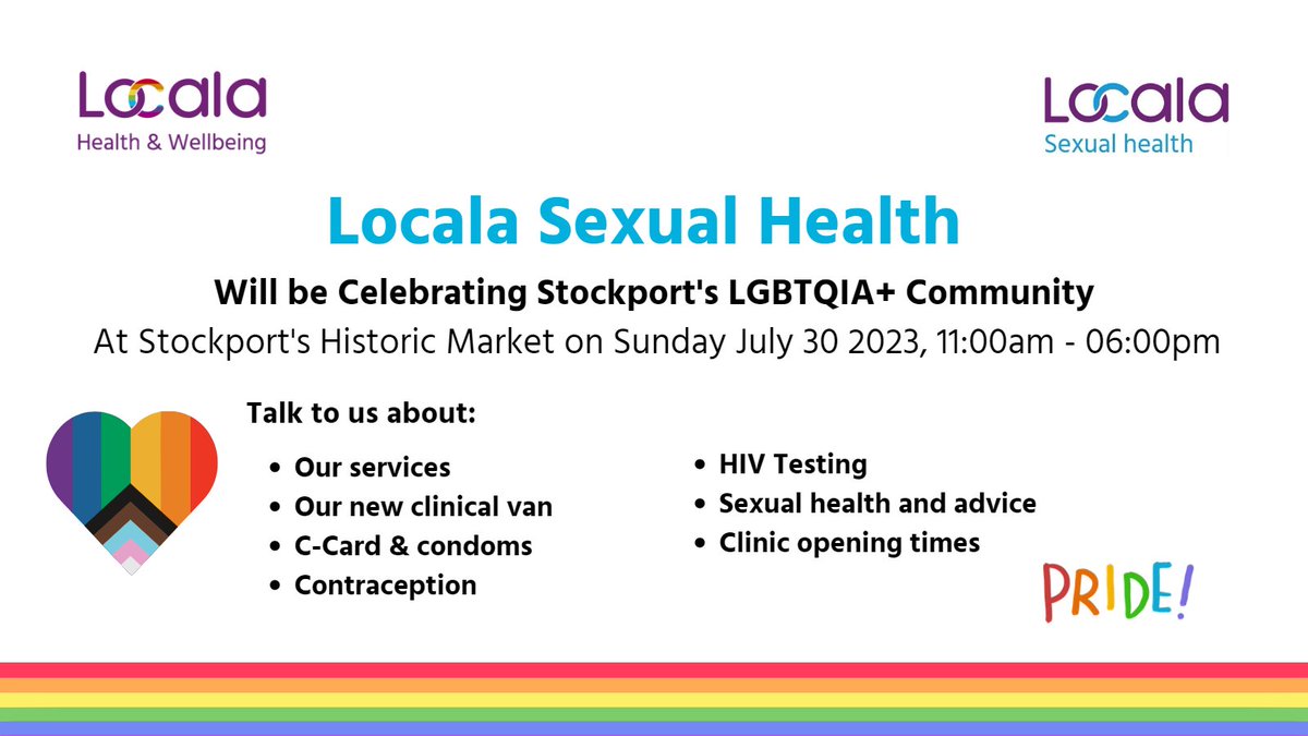 Locala_Safesex's tweet photo. #LocalaSexualHealth are excited to announce we will be at @StockportPride discussing all things #SexualHealth🙌
🗓️Sunday 30th July
📍Stockport Market Place and Underbanks
⌚️11am-6pm https://t.co/RMwOCevbjS