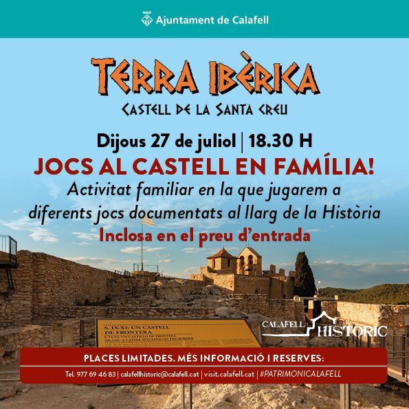 Queda 1⃣ dia per començar #TerraIbèrica!

L'activitat inaugural està adreçada a públic familair i la farem al Castell de la Santa Creu.

Jugarem a jocs tradicionals documentats al llarg de la Història!

Informació i reserves: 📞977 69 46 83
Programa 👇
visit.calafell.cat/festival-terra…