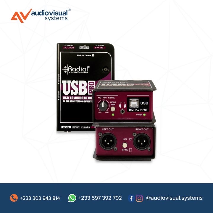 avsghana's tweet photo. Happy Tuesday People
The USB-Pro is a high-resolution stereo digital audio converter and direct box that is designed to connect to any computer and seamlessly convert digital audio tracks to a pair of balanced analog outputs.
Contact us for yours!
.
.
.
#audiovisualsystems https://t.co/WNRgZKpg27