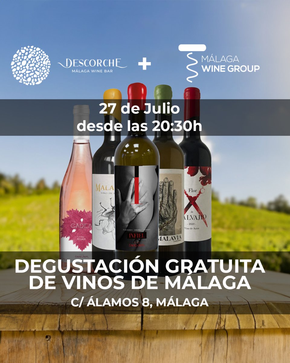 Málaga Wine Group se alía con Descorche Málaga Wine Bar para ofrecerte una DEGUSTACIÓN GRATUITA de Vinos de Málaga este Jueves 27 de Julio a partir de las 20:30h.
Sorpréndete con Málaga. Sorpréndete con sus vinos.
Ven a Descorche.

📍C / Álamos 8 #Málaga