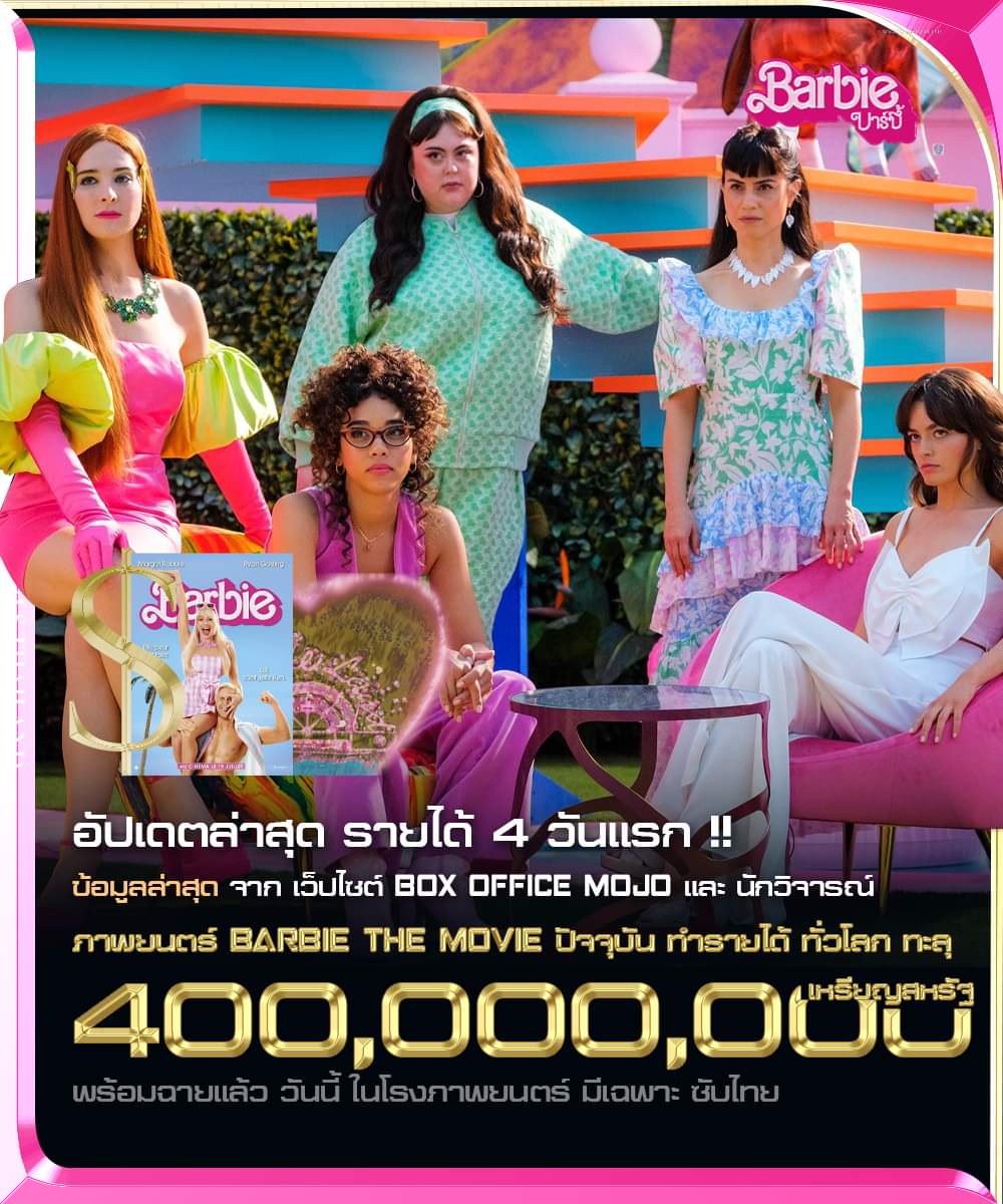 thailand_magic's tweet photo. อัปเดต รายได้ 4 วันแรก ทั่วโลก 
ภาพยนตร์ บาร์บี้ฉบับคนแสดง 
ทำรายได้ทะลุ 400,000,000 เหรียญสหรัฐ เป็นที่เรียบร้อยแล้ว
จากทุนสร้างที่ยืนยัน โดยผู้กำกับ เกรต้า เกอร์วิค
คือ 145,000,000 เหรียญสหรัฐ
.
#BarbieLand #BarbieDay #BarbieMovieTH
#barbie #barbieTH #บาร์บี้ #barbiethemovie https://t.co/M6DZJMzuK3