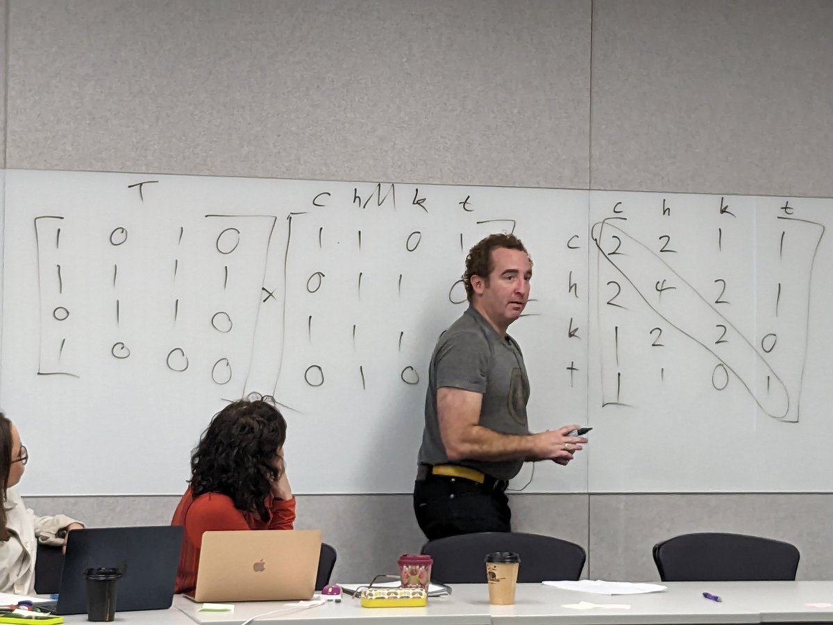 Survived my live demo of matrix multiplication at the corpus analysis winter school I'm teaching this week. [4,4]x[4,4] on the board correctly on the first try https://t.co/aTppqENBDC