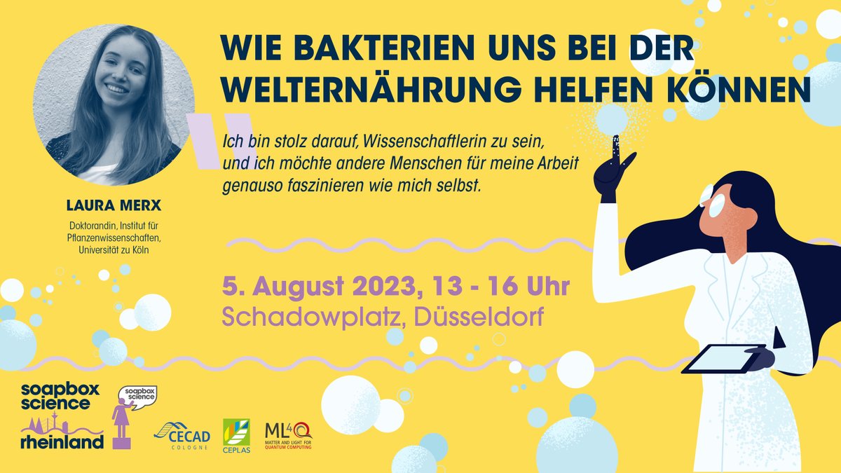 📢Speaker introduction : Meet our inspiring speaker Laura Merx <a href="/MerxLaura/">Laura Merx @laurame.bsky.social</a> from <a href="/ceplas_1/">CEPLAS</a> <a href="/UniCologne/">Universität zu Köln</a>.  She will talk about "Wie Bakterien uns bei der Welternährung helfen können" at <a href="/SoapboxScience/">Soapbox Science</a> event this year!

📅 Saturday, 05.08.2023
📍 Düsseldorf, Schadowplatz

#scicomm