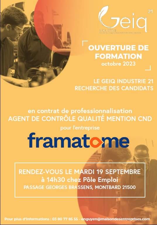 Rendez-vous le 19 septembre à l agence @poleemploi_bfc de Montbard. Recrutement Framatome et @GEIQindustrie #Emploi #formation