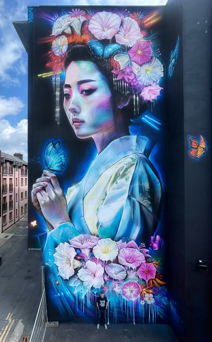 DanKitchener's tweet photo. ‘物思い’ ( Monoomoi ) translates to melancholy lost in thoughts 
- My epic new freehand mural - 50ft x 25ft all by eye! For Waterford Walls festival 2023 - check out https://t.co/ZdWIQWpY86 for full Timelapse video of me painting this ! https://t.co/0zyIhADtW1