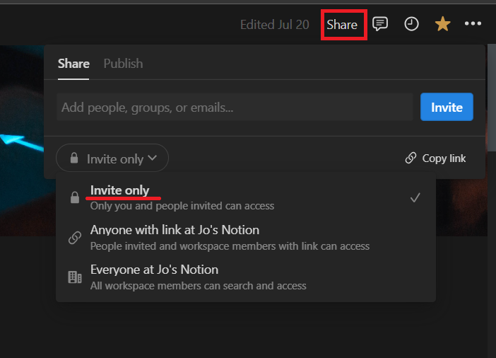 The share button in @NotionHQ has been moved.

A new way to share our Notion pages.

- Invite Only : by email, people or groups
- Anyone with link at xx's Notion : I think the page is public
- Everyone at xx's Notion : People in the worspace

What do you think about it ? https://t.co/IK8HWlcAyH