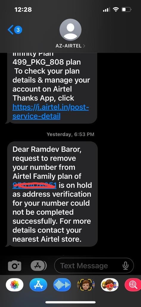 p_baror's tweet photo. @AIRTELINDIA finds convenient to call &amp; waste time in response of grievances without providing any solution. For disconnecting my mobile service they r  insisting on OTP which can't be done as the SIM is not available. Arbitrarily, address verification failed too. 
@MoitOfficial https://t.co/53wIZKQ4x5