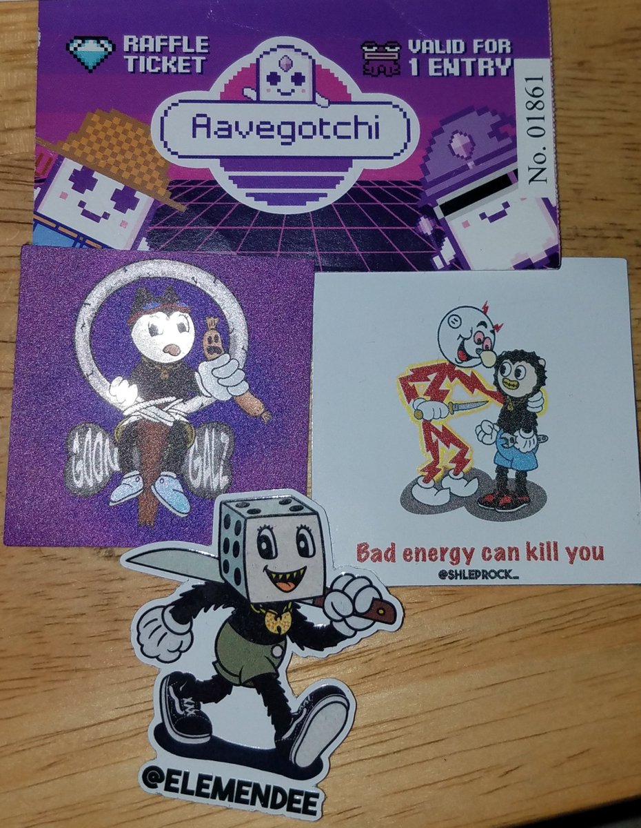 Eternal_Love420's tweet photo. A few cool souvenirs from the #FreckleTV #FreckleTrivia pool party 🥳 🎉 😎 
@FreckleTrivia 

@aavegotchi raffle ticket 🎟 

Thank you @Elemendee for the Super Dope AF stickers, I'll be saving them in my collection. 💯🔥🔥🔥

I fk with Goonz 🎨 🖼 🎭 

#NFTs #Web3 #NFTCommunity https://t.co/TLbfm18Fjg