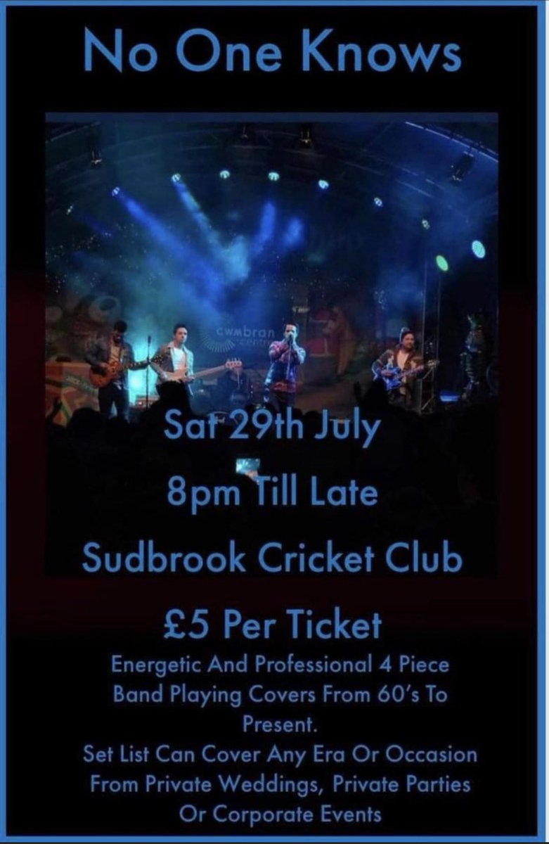 Nooneknows2016's tweet photo. This Sat evening we return to the Caldicot area for an outdoor event at Sudbrook Cricket Club. 
We go live at 8pm. Alcohol will be served at members prices. 
Tickets are only £5 each
@sudbrookcc https://t.co/rxRKS0N1ms