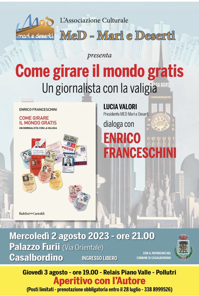 e_franceschini's tweet photo. Tra una settimana, mercoledì 2 agosto, a Casalbordino (Chieti) per presentare il mio libro COME GIRARE IL MONDO GRATIS - UN GIORNALISTA CON LA VALIGIA (e il 3 aperitivo a Pollutri) @BaldiniCastoldi https://t.co/umHHtXgUhx