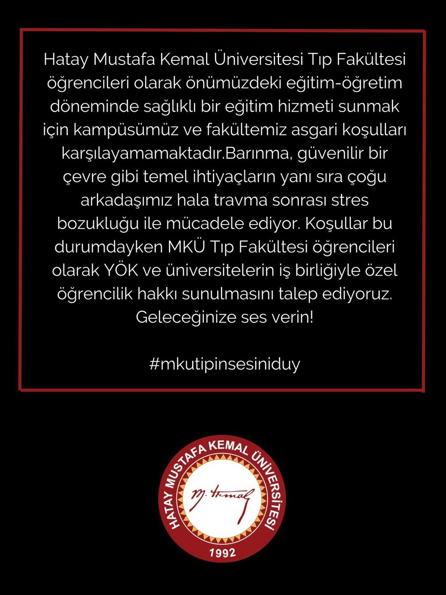 Hatay Mustafa Kemal Üniversitesi Tıp Fakültesindeki arkadaşlarımız seslerini duyurmaya çalışıyor. RT ederek destek olalım. 
#Hatay #DepremiUnutmaUnutturma #mkütipinsesiniduy 

<a href="/YuksekogretimK/">Yükseköğretim Kurulu</a> 
<a href="/drfahrettinkoca/">Dr. Fahrettin Koca</a>
@contextmed
<a href="/haluklevent/">Haluk Levent ( Ahbap Ekibi )</a>
<a href="/tibbiyelisozluk/">Tıbbiyeli Sözlük</a>
<a href="/tipfakcom/">TIPFAK</a>
<a href="/doktorlarsitesi/">TIP & Sağlık Gündemi</a>