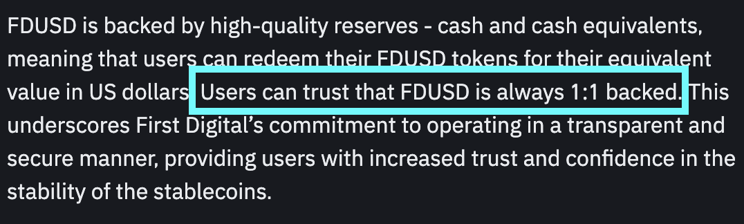 0xAltAccount's tweet photo. new Binance stablecoin 💀

FDUSD, just got to trust that it is 1:1 backed, trust me bro vibes https://t.co/r3dLDgFGMe