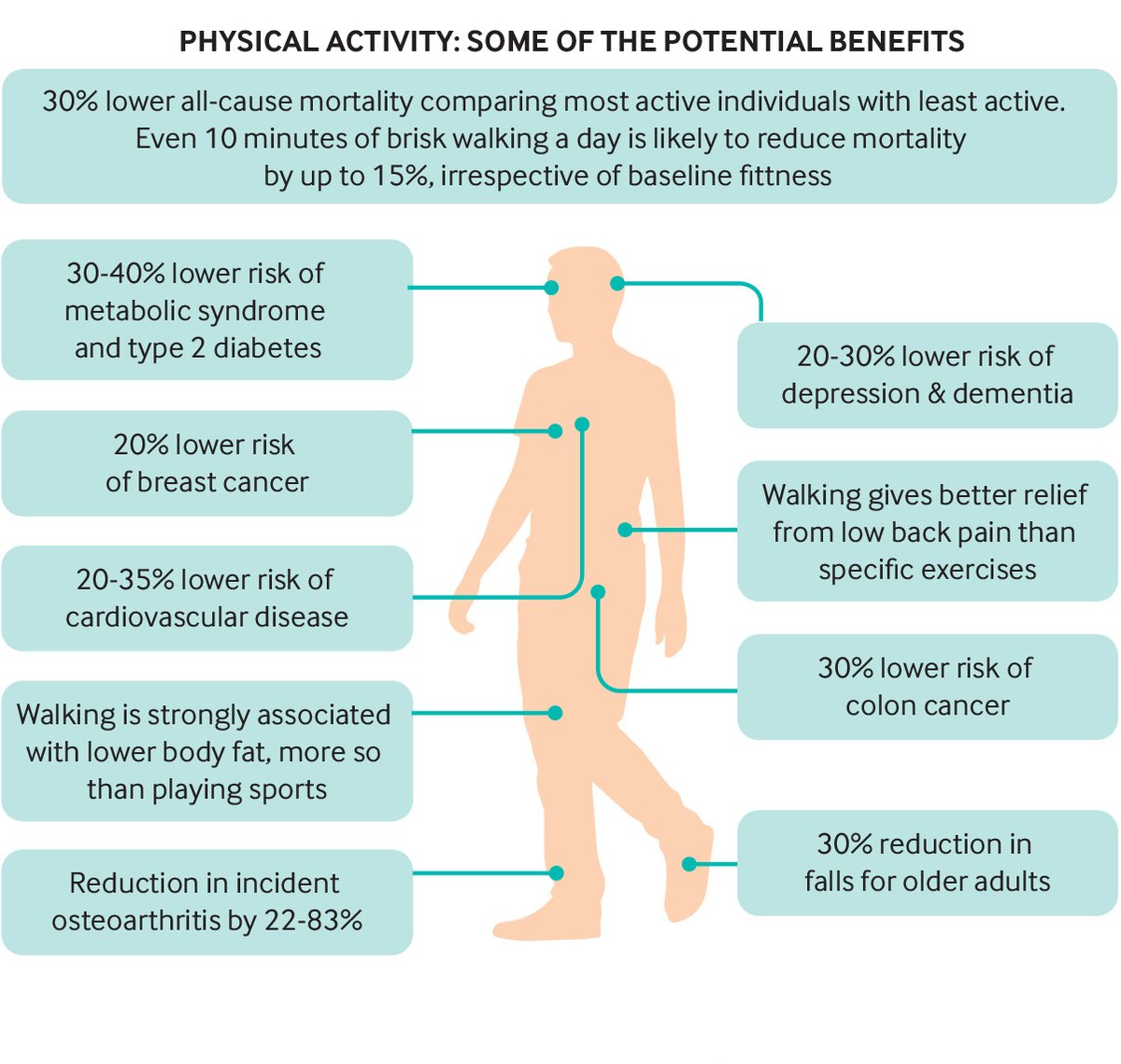 Health benefits of walking &amp; achieving recommended physical activity levels👇

⬇️30-40% metabolic syndrome/diabetes
⬇️20-30% depression/dementia
⬇️25-30% cardiovascular disease
⬇️30% falls
⬇️osteoarthritis/back pain
⬇️body fat

#PhysicalActivity #health
bmj.com/content/366/bm…