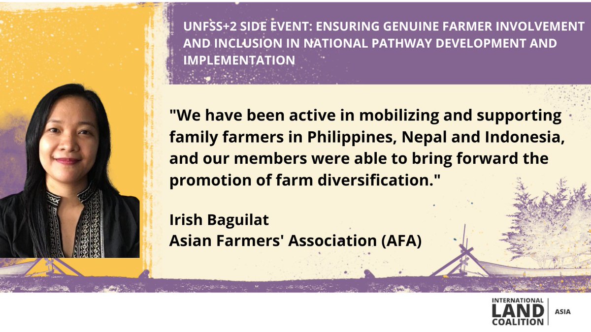 We are at the #UNFSS2023 side event!

Irish Baguila of <a href="/AsianFarmers/">Asian Farmers (AFA)</a> spoke about farmers involvement in policy process and shaping #sustainable #FoodSystems and #GlobalGoals.