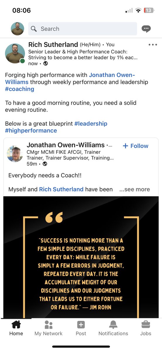 Forging high performance with Jonathan Owen-Williams through weekly performance and leadership #coaching 

To have a good morning routine, you need a solid evening routine. 

Below is a great blueprint #leadership #highperformance