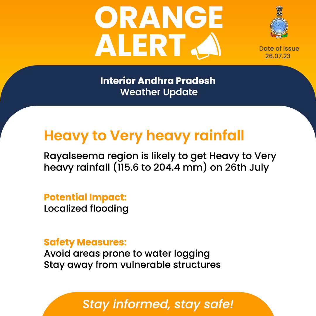 Indiametdept's tweet photo. ⚠️#OrangeAlert⚠️

Stay prepared as #Rayalseema Region is  expected to receive heavy to very heavy rainfall (115.6 to 204.4 mm) on 26th  July. Stay Safe!  

#WeatherAlert  #RainfallWarning #staysafe #WeatherUpdate 

@moesgoi
@DDNewslive
@ndmaindia
@airnewsalerts https://t.co/gxX7Rpl3bF