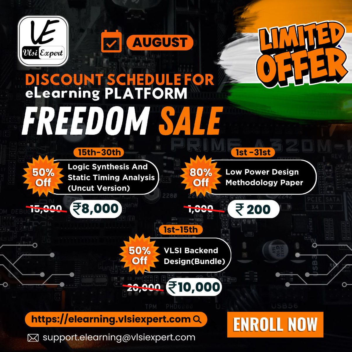 vlsi_expert's tweet photo. "Knowledge is Freedom" seek knowledge and be independent
Discount schedule of eLearning Platform for the month of August
#Vlsiexpert #Backend #upskill #online #freshers #VLSI https://t.co/A0RrLJ9Puj