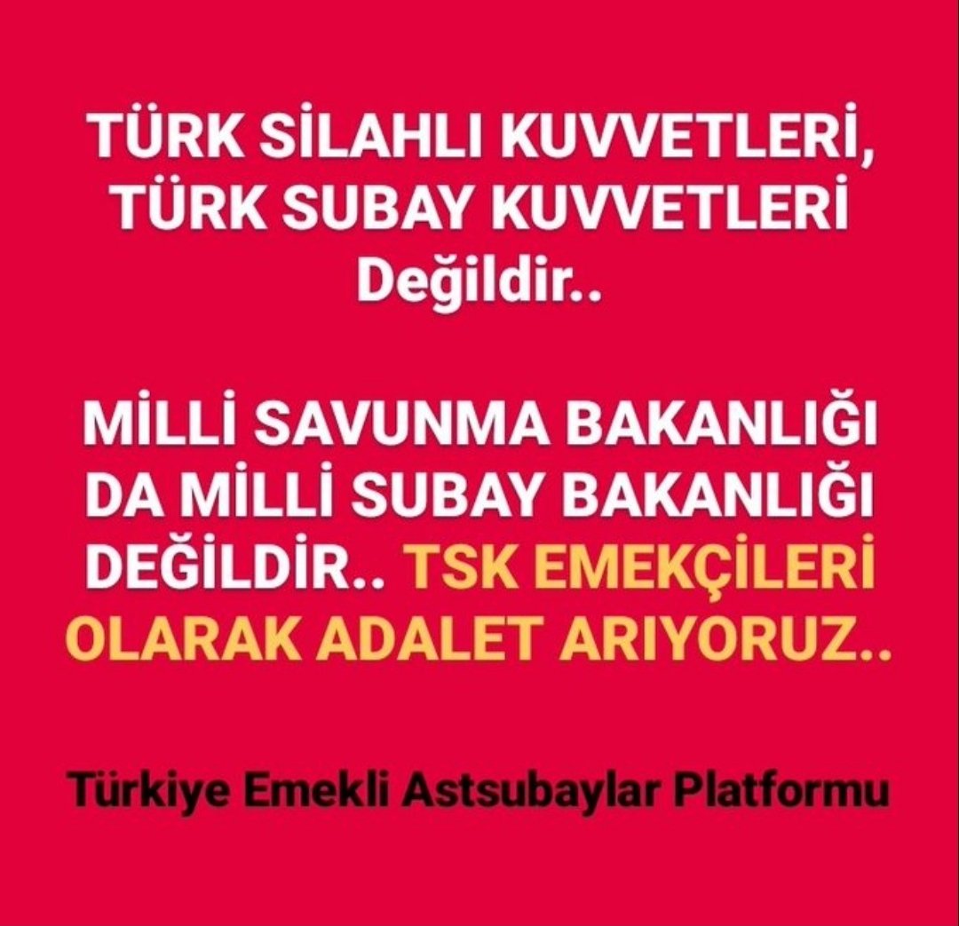 #AstsubaylaraAdalet
TSK Personel K. Md. 3, 4, 85c, 89, 117, 118, 124 vb. gereği kadrolarında teknik, sınıf ve branşUzmanlıklarına göre görev yaparEmeklilikteTAZMİNAT haklarıdır. <a href="/RTErdogan/">Recep Tayyip Erdoğan</a> @FOXhaber <a href="/Sozcu/">Sözcü 🇹🇷📝📰 sondakika haber</a> <a href="/ShowTV/">Show TV</a> <a href="/ntv/">NTV</a> <a href="/TBMMresmi/">TBMM</a>  <a href="/Akparti/">AK Parti</a> <a href="/atvcomtr/">atv</a> <a href="/ShowTV/">Show TV</a> <a href="/HerkesicinCHP/">CHP 🇹🇷</a> <a href="/startv/">STAR TV</a>