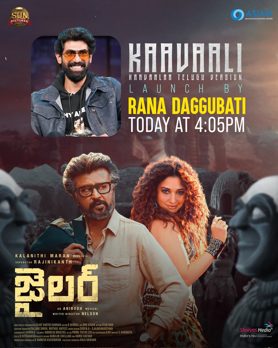 SureshProdns's tweet photo. Hunk @RanaDaggubati will launch the Telugu version #Kaavaali Today At 4:05PM 💥🎶

#JAILER Telugu Release by @AsianCinemas_ On AUG 10th🔥

Super 🌟 @rajinikanth @Nelsondilpkumar @anirudhofficial @suneeltollywood @Sindhujas13 @sunpictures @UrsVamsiShekar https://t.co/awaiiUkCwc