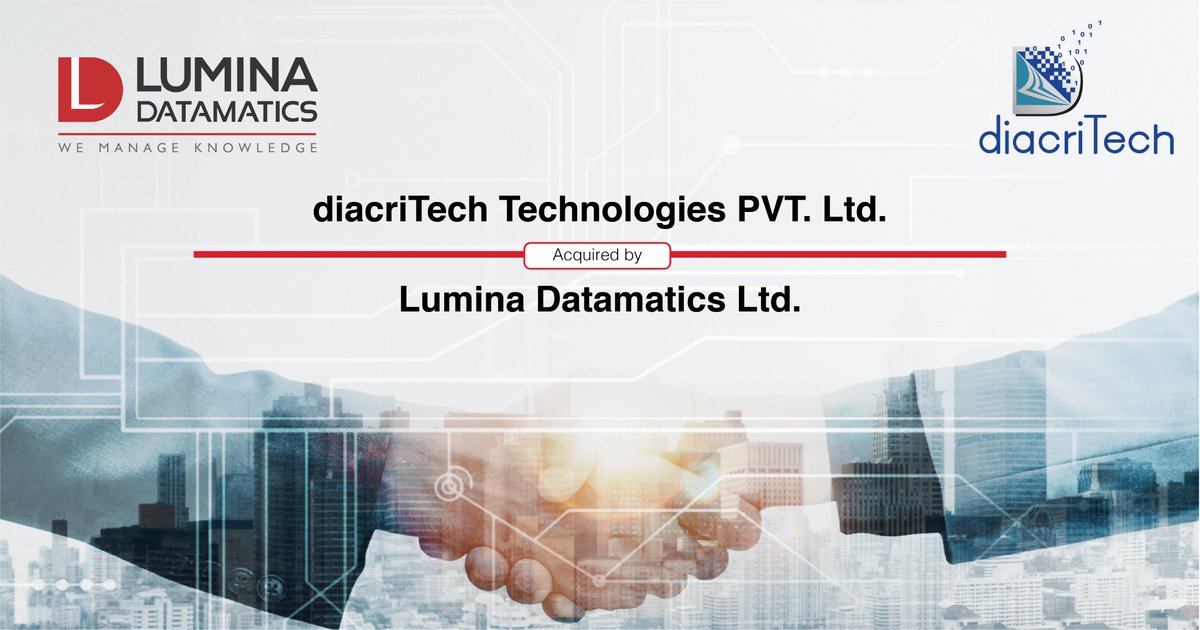 We are glad to share that diacriTech Technologies Pvt. Ltd. is acquired by Lumina Datamatics Ltd.
 
Click the below link to follow us: 
linkedin.com/company/lumina…