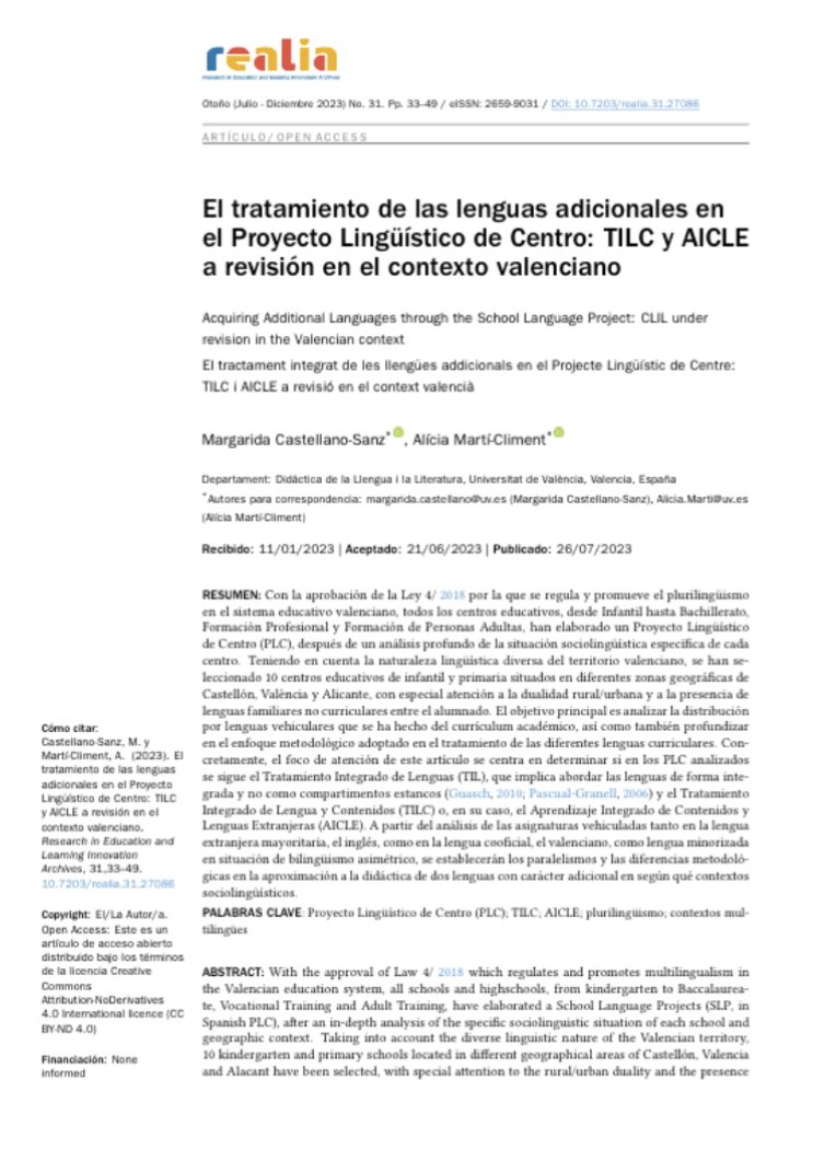 marclia's tweet photo. 🆕 El tratamiento de las lenguas adicionales en el Proyecto Lingüístico de Centro: TILC y AICLE a revisión en el contexto valenciano, @margarida_vlc y @marclia @FacMagisteri @UV_EG 
https://t.co/NgIiLzNFpg @REALIA10174486 https://t.co/tG6hS8ACjq