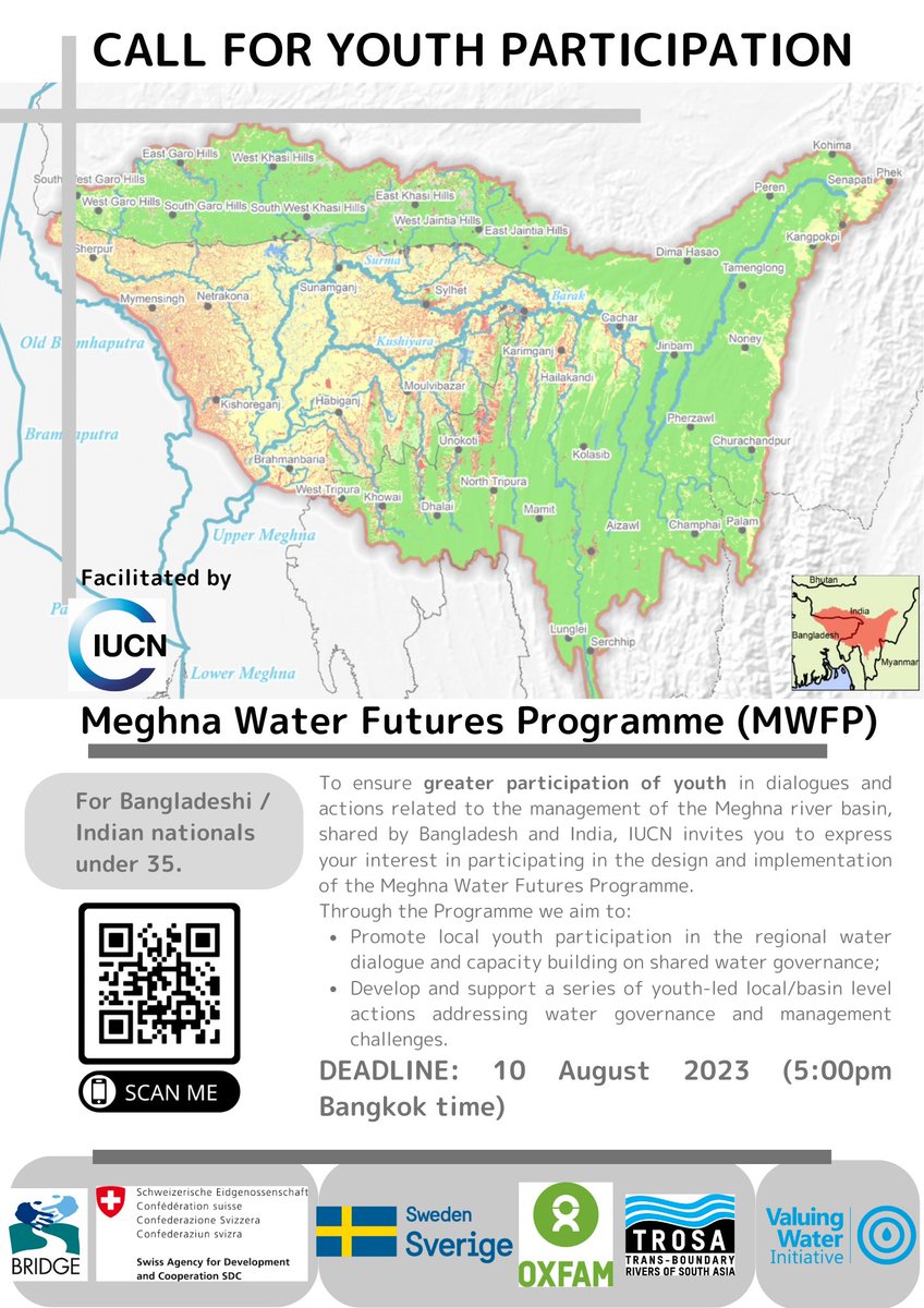 Deadline Extended!

Are you a Bangladeshi / Indian national under 35 and interested in the cooperative governance of water and natural resources in the Meghna River Basin? Contribute to the design and implementation of the Meghna Water Futures Programme.

tinyurl.com/zsx3nfwk