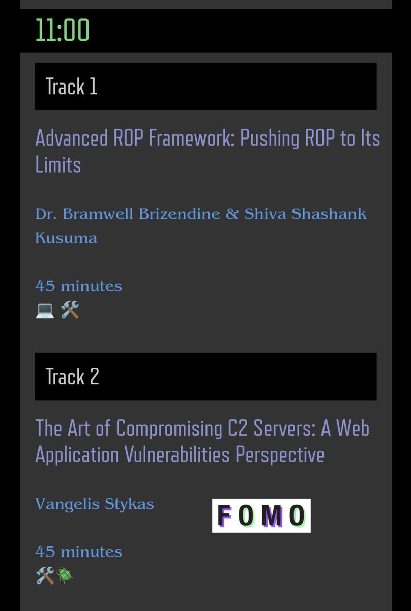 Looking at #DEFCON31 line up this year for some FOMO and some of my mates have incredible slots!
Absolutely go see <a href="/evstykas/">Vangelis tix Stykas</a> (on Sunday) and  <a href="/Iskuri1/">Iskuri</a> &amp; <a href="/_EthicalChaos_/">CCob🏴󠁧󠁢󠁷󠁬󠁳󠁿</a> (on Saturday)and their amazing work!