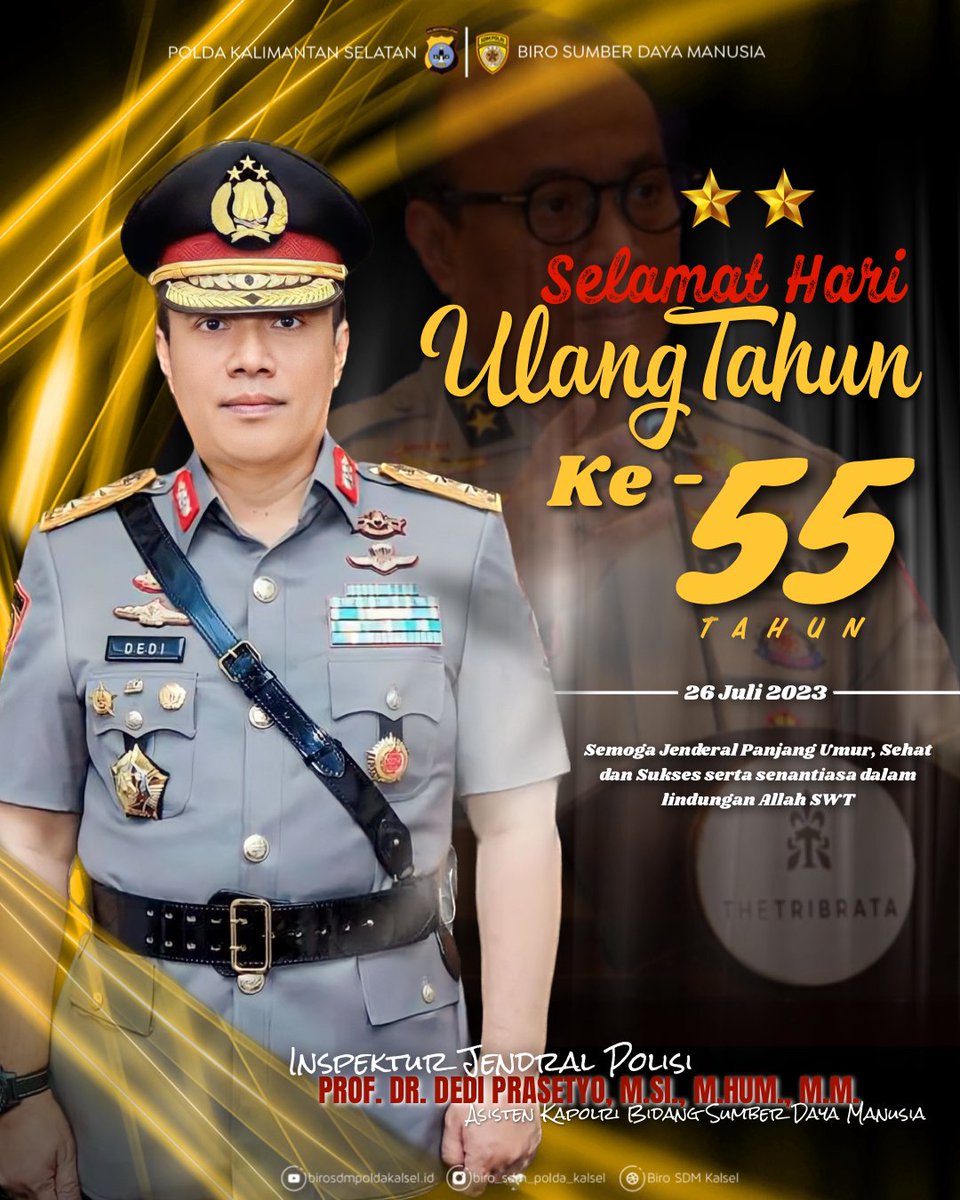 BiroSdmKalsel's tweet photo. Selamat Ulang Tahun Asisten Kapolri Bidang Sumber Daya Manusia Irjen Pol Prof. Dr. Dedi Prasetyo, https://t.co/9Bto5gALr0., M.Hum., M.M. semoga Jenderal Panjang Umur, Sehat dan Sukses serta senantiasa dalam lindungan Allah SWT

@ssdm_polri https://t.co/EzBXdtH4e5