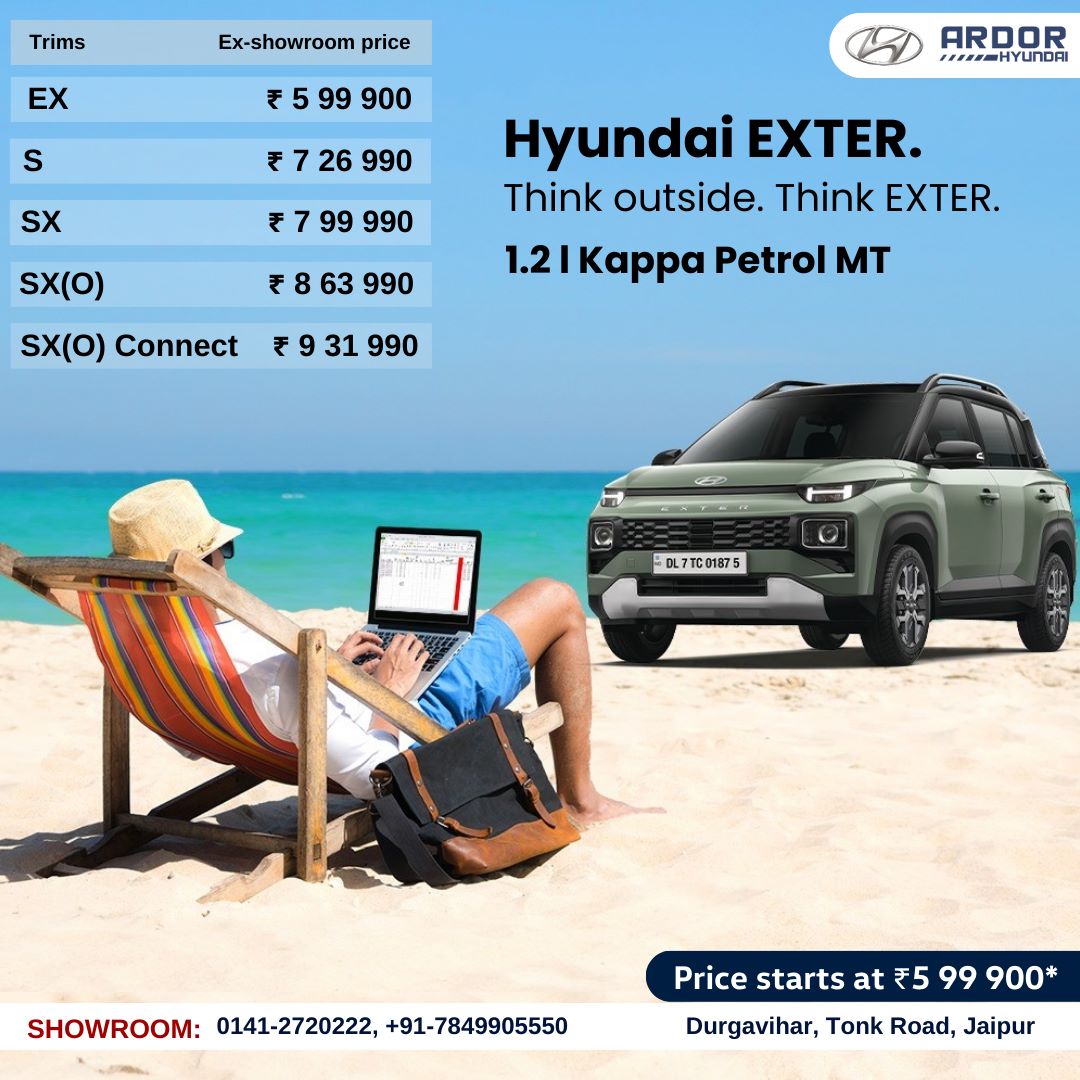 Find new reasons to work from anywhere with Hyundai EXTER.
Think outside. Think EXTER.

Request a Test drive now: bit.ly/ardortest

@HyundaiIndia

#Hyundai #HyundaiEXTER #EXTER #exterprice #extershowroom #exterfeatures #exteronroadprice #BoldDesign #BoldDesign  #ARDOR