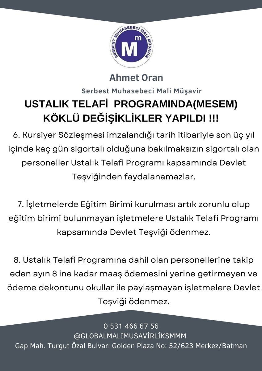 AhmetOranMM's tweet photo. USTALIK TELAFİ PROGRAMINDA KÖKLÜ DEĞİŞİKLİKLER YAPILDI !!!#mesem
#Ustaliktelafiprogrami 
Hali hazırda devam eden Ustalık Telafi Programları süreç sona erene kadar eski şartlarda devam edecek olup 24.07.2023 tarihinde yapılan değişikliklerden etkilenmeyeceklerdir. https://t.co/RITwOWZaTl