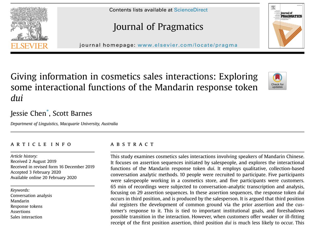 Interesting study led by Jessie Chen on #cosmetic sales #interactions. The study explores interactional functions of the response #dui. Read on sciencedirect.com/science/articl…