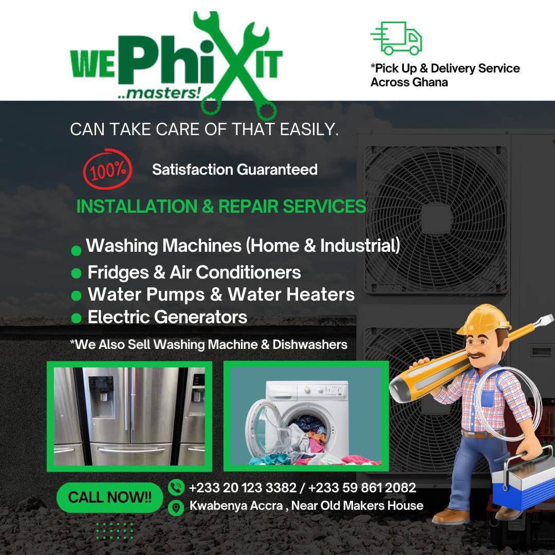 kokui_selormey's tweet image. Searching for a washing machine, fridge or generator repairer? I highly recommend Eli and his team at We Phix It! Excellent customer service and my washing machine is in great shape! Please support this young entrepreneur. 🙏🏾

Thanks to @Pitra_Petra for recommending him! 🙏🏾