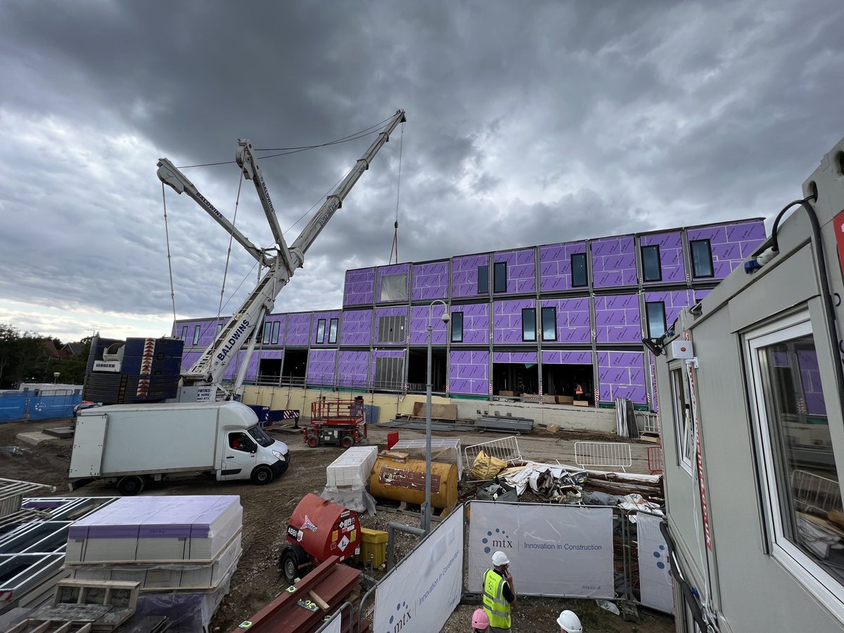 DrShaneGordon's tweet photo. I’m so excited to have a site tour of the new #DameClareMarxBuilding at Colchester Hospital! 8 laminar flow theatres and 72 beds, imaging and PACU. It’s huge! Building is going quickly with nearly 300 modules in place now. It’s going to be amazing! ⁦@Team_ESNEFT⁩ https://t.co/ht38NDBRYD