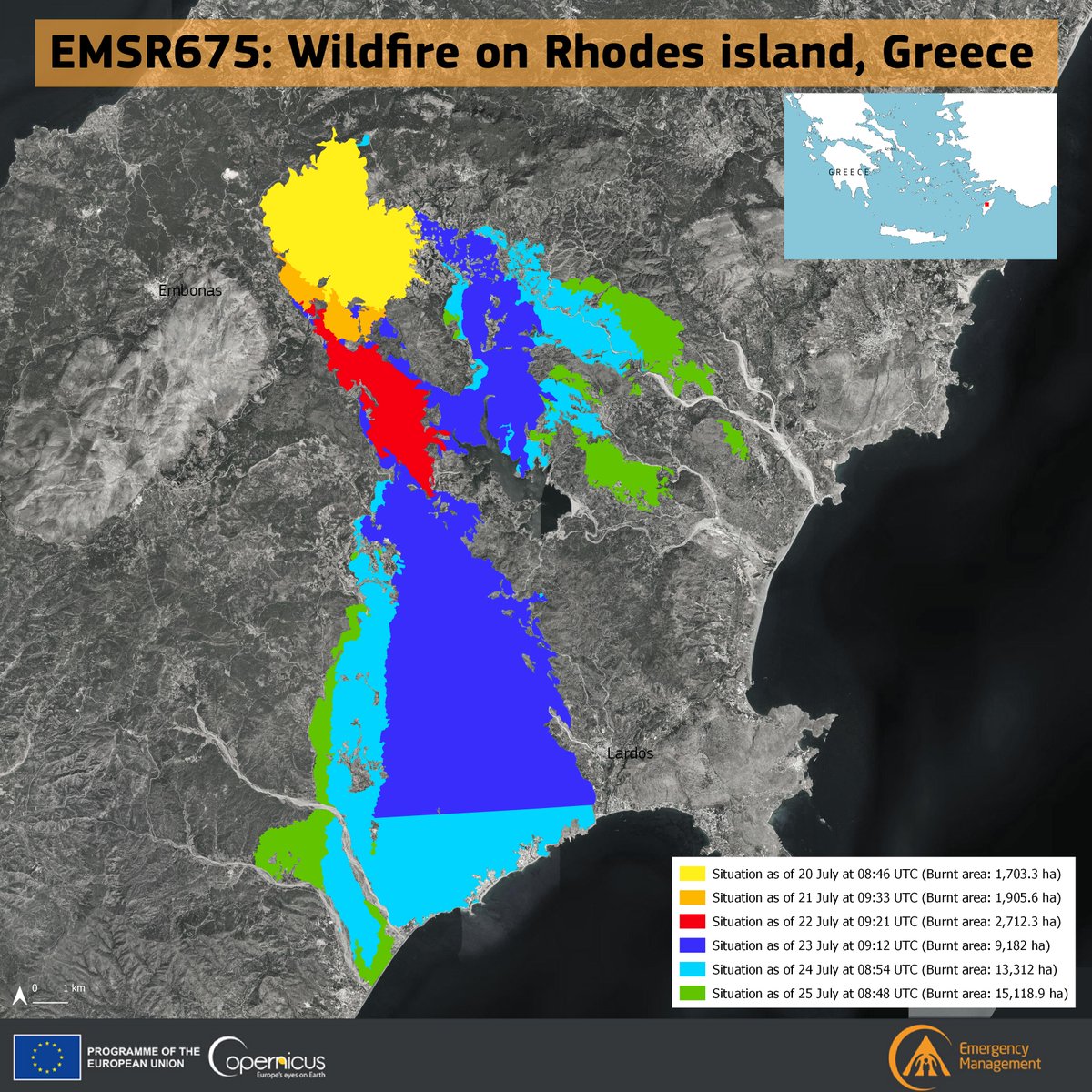 CopernicusEMS's tweet photo. 🔴#EMSR675 #Greece🇬🇷 #Ροδοςπυρκαγια

Our #RapidMappingTeam delivered an updated Monitoring Product for the wildfire in #Rhodes #Ροδος using 🛰️ imagery of 25 July at 8:48 UTC

🔥A total burnt area of 1⃣5⃣,1⃣1⃣9⃣ ha has been detected (+1,807 ha in 24h🟢)

🔗https://t.co/czRrf2yDub https://t.co/qP5kWUTXno
