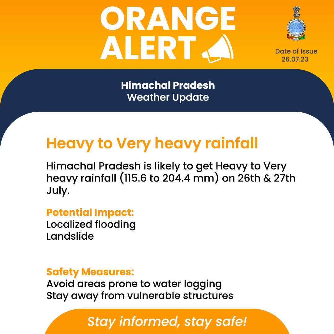 ⚠️#OrangeAlert⚠️

Stay prepared as #HimachalPradesh is  expected to receive heavy to very heavy rainfall (115.6 to 204.4 mm) on 26th &amp; 27th July. Stay Safe!  

#WeatherAlert #RainfallWarning #staysafe #weatherforecast

<a href="/moesgoi/">MoES GoI</a>
<a href="/DDNewslive/">DD News</a>
<a href="/ndmaindia/">NDMA India | राष्ट्रीय आपदा प्रबंधन प्राधिकरण 🇮🇳</a>
<a href="/airnewsalerts/">All India Radio News</a>