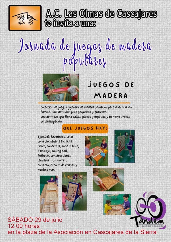 Interesante actividad para abrir la programación cultural de este verano con una jornada de juegos de madera tradicionales. Os esperamos a todos.