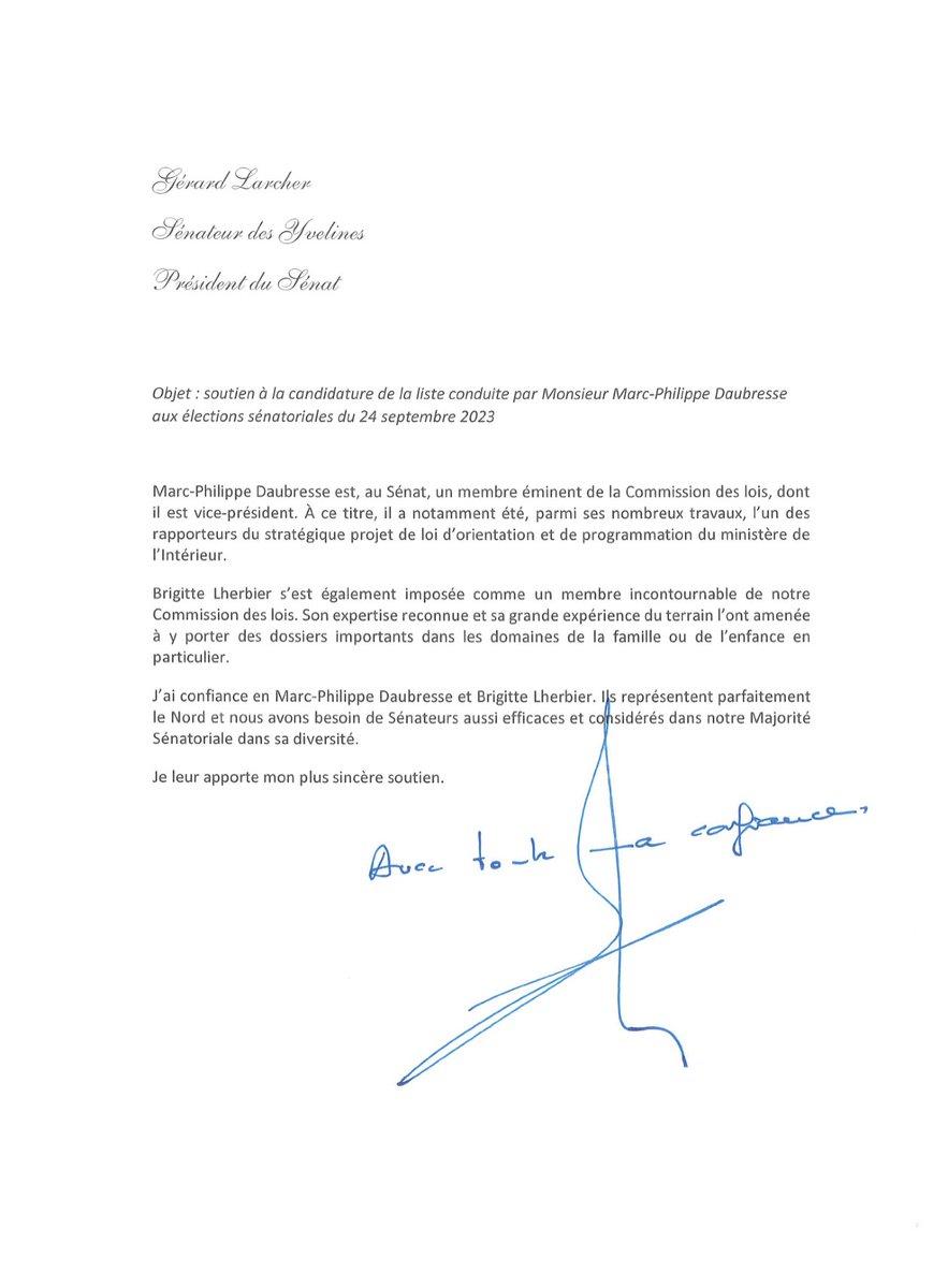 [ELECTION SÉNATORIALE - Département du #Nord]

Je remercie chaleureusement le président du #Senat <a href="/gerard_larcher/">Gérard Larcher</a> pour le soutien qu’il apporte à la liste que j’ai honneur de conduire avec B. Lherbier pour l’élection de septembre 2023. Je vous invite à retrouver son message ici👇🏻