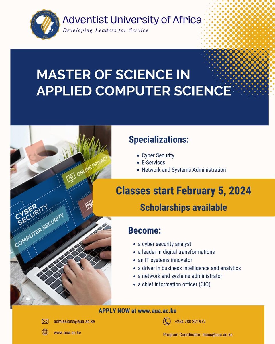 auauniversity's tweet image. Master of Science in Applied Computer Science is designed to equip you with practical skills necessary to seamlessly integrate new technological advancements into your current work settings. 

Enroll today: academics.aua.ac.ke/aua 

 #AppliedComputerScience #ComputerScience