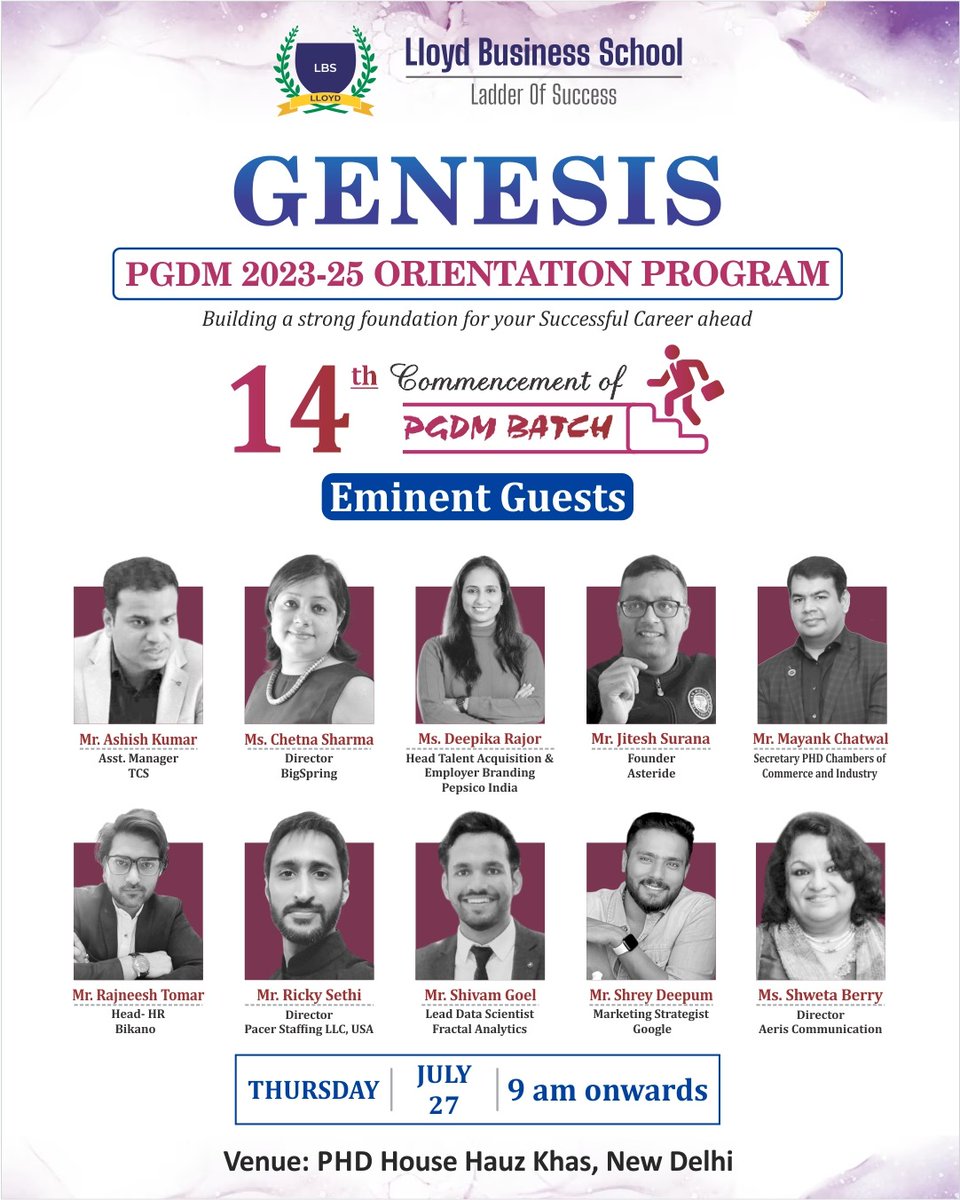 lloydlbspgdm's tweet image. Unveiling the visionaries of Success: Introducing the Esteemed Panelist for 𝐆𝐞𝐧𝐞𝐬𝐢𝐬 - 𝐋𝐥𝐨𝐲𝐝 𝐏𝐆𝐃𝐌 𝐎𝐫𝐢𝐞𝐧𝐭𝐚𝐭𝐢𝐨𝐧 𝐏𝐫𝐨𝐠𝐫𝐚𝐦 scheduled on 27th July at PHD House, Hauz Khas, New Delhi.
#Genesis #PGDM #pgdmprogram #pgdmorientation #orientationday