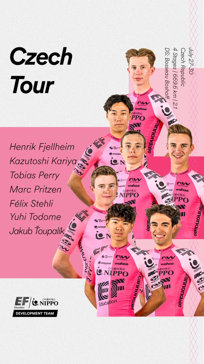 EFNIPPODevo's tweet photo. Yuhi joins the Team for the prestigious @Czech_Tour starting tomorrow – four big days with a strong field. Felix, Toby and Jakub finished top 25 on Sunday - time to crank it up! #czechtour #efeducationfirst #nippo #ridecannondale #northwave #ogkkabuto #irctire #protouchstaff https://t.co/dJzGvATatY