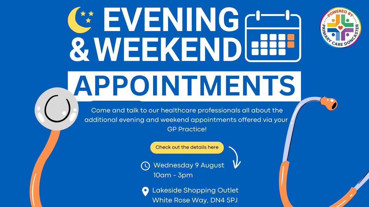 Join <a href="/GPFedDoncaster/">Primary Care Doncaster</a> at the Patient Engagement event on 9th August to learn about our Evening &amp; Weekend Appointments! You will be able to speak directly with healthcare professionals and book an appointment during the event.

More details: primarycaredoncaster.co.uk/2023/07/25/eve…
#DoncasterHealth