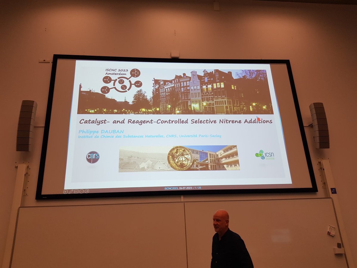 carbene_nitrene's tweet photo. Philippe Dauban shows at #ISCNC the use ofhrhodium catalyst for nitrene trabsfer reactions, using amines as starting materials. Agian a very interesting and stimulating lecture! https://t.co/aIYgodlwiv