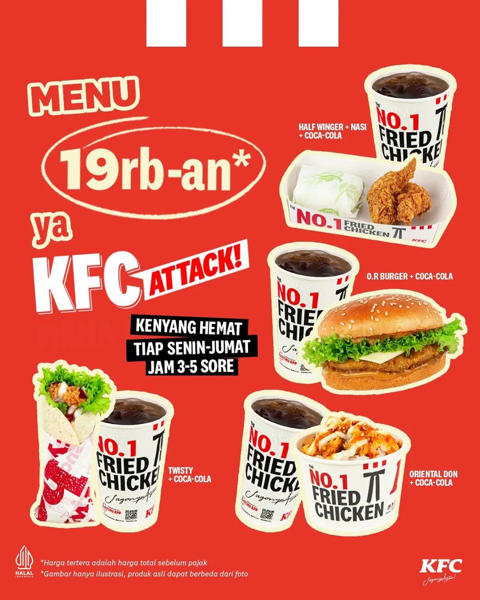 KFC Menu Rp19.000-an
🗓️ Setiap Senin - Jumat
⏰ Jam 15:00-17:00